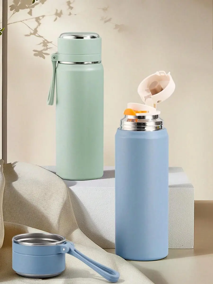 Stainless Steel Vacuum Insulated Cup, High-Capacity And Stylish Bullet-Shaped Bottle With Strap, Portable And Minimalist Design Water Bottle Back To School Drinkware Flasks