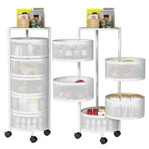 Rotating Storage Shelf with Wheels - 5-Tier Organizer for Fruits, Vegetables, Bathroom, and Kitchen, Mobile Utility Cart for Living Room, Ideal for Home (White) Racks