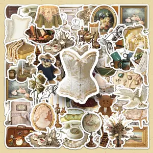 Vintage Style Sticker, 50pcs/set Home Furnishings Pattern Self Adhesive Decor Paper, Decor Sticker for Gift Greeting Card Water Bottle Laptop Phone