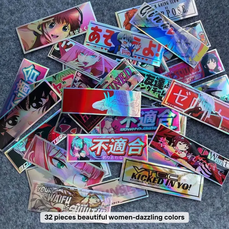 Anime Holographic Stickers Pack – 32 Pieces Waterproof Vinyl Decals for Laptop Phone Car – Aesthetic Otaku Manga Stickers Set with Dazzling Colors
