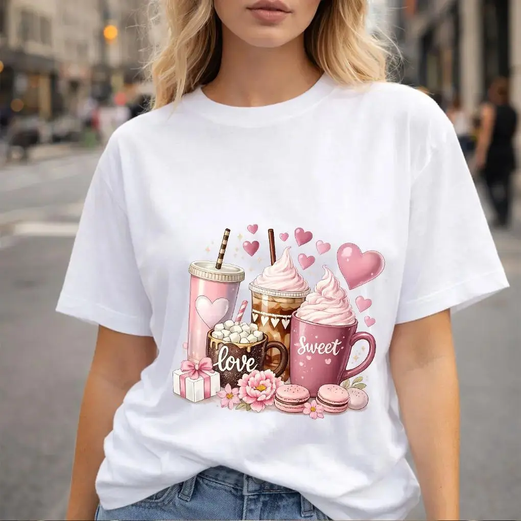 [100% cotton]Pink Aesthetic Coffee & Macarons T-Shirt - Cute Coquette Heart Graphic Tee, Soft Girl Pastel Sweet Treats Shirt, Romantic Gift for Her