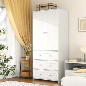 VOWNER Freestanding Wardrobe, 71" High with 2 Doors and 3 Drawers, With Hanging Rod, Bedroom, Living Room, White Storage Armoire Furniture