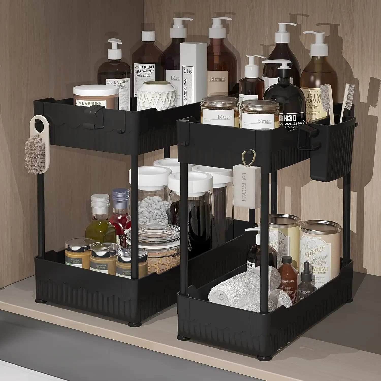 2 Pack Black Under Sink Organizer - Hangable Vertical Shelf with Hooks & Clip-On Cup Holder, Modern Mini Organizer with Extended Storage Solutions for Kitchen Bathroom to Get Organized, Clip-On Cup Holder Shelving & Storage, Mini Organizer Shelving & Stor