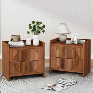 Giratree 24” Wide Mid-Century Modern Nightstand with Two Drawers, Sculpted Wood Bedside Table with Storage for Bedroom or Living Space