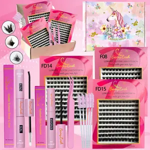 3-Box 3D Wispy Individual Cluster Lash Set - Ultra-Thick Volume, Curly Mixed Lengths - DIY Eyelash Extension Kit with Lash Bond, Seal, Remover, Applicator & Lash Brush - Everyday Eye Makeup, Gifts for Friends, Eyelash Clusters Kit, Eyelash Extensions Set