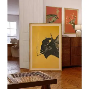 Vintage Bison Smoking a Cigarette Poster, Funny Buffalo Art, Retro Whimsical Print, Outdoor Sports Hunter Wall Decor