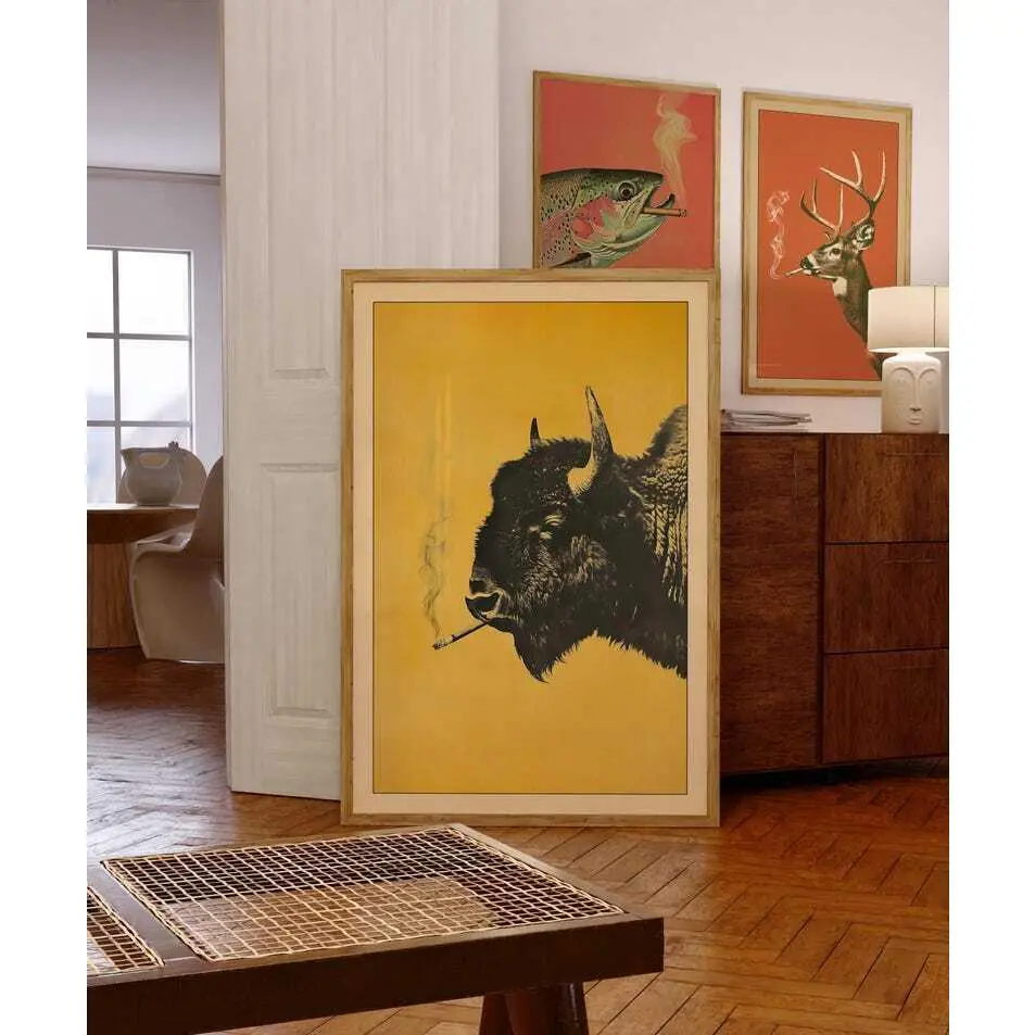 Vintage Bison Smoking a Cigarette Poster, Funny Buffalo Art, Retro Whimsical Print, Outdoor Sports Hunter Wall Decor