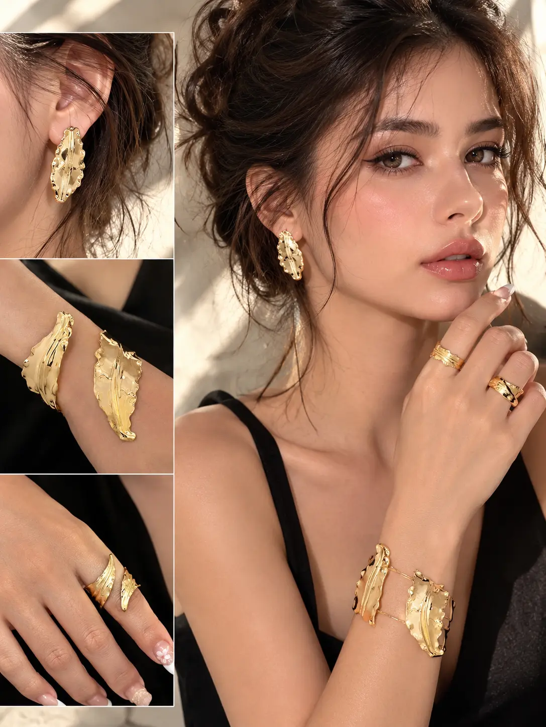 Textured Gold Leaf Bracelet & Ring Set - Women's Exaggerated Asymmetric Heavy Metal Statement Cuff & Oversized Jewelry Set, Luxury Bold Fashion Accessories for Daily Wear