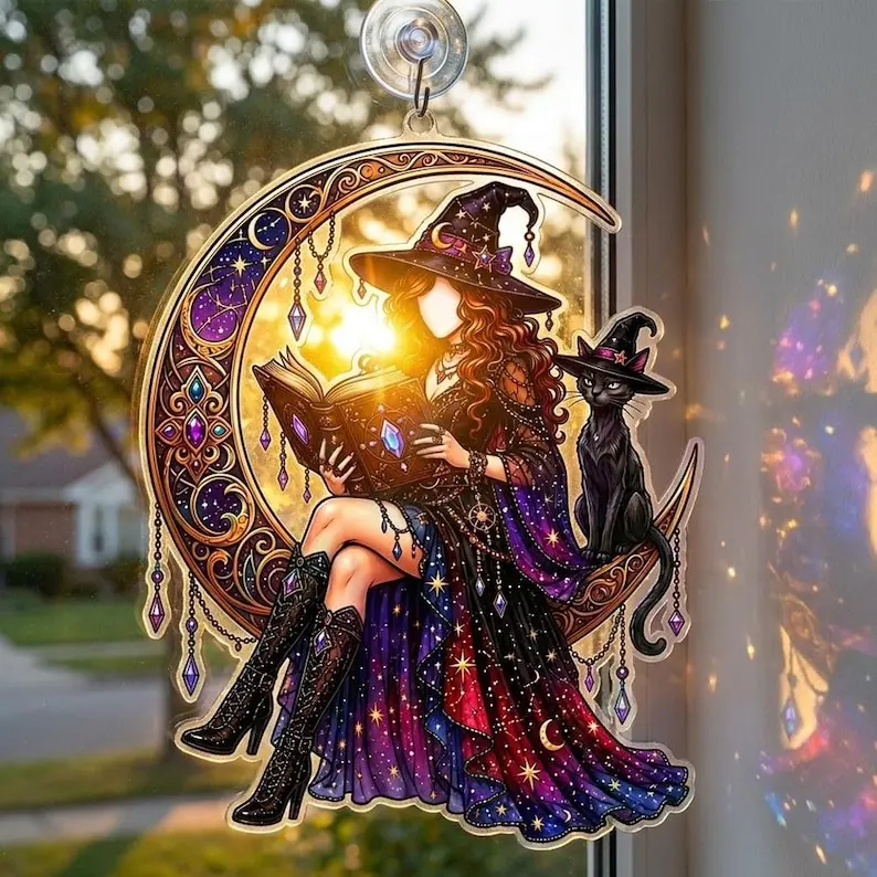 Witch Reading Black Cat Mom Acrylic Suncatcher, Custom Witchy Window Hanging Decor, Boho Halloween Sun Catcher, Pet, Book Lover Gift for Her