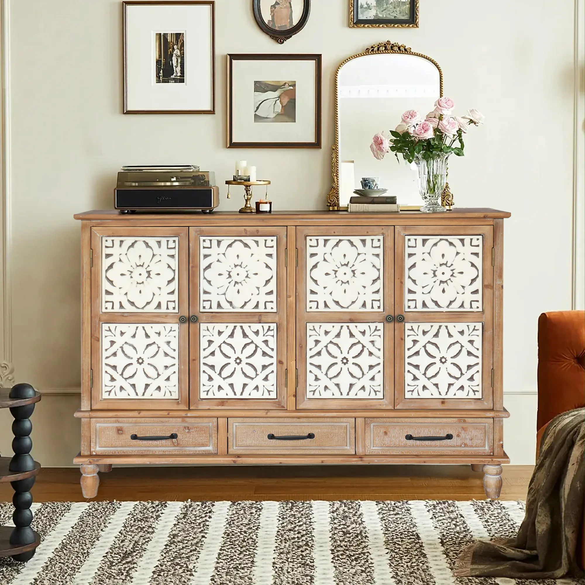 59.06" Accent Cabinet with 4 Doors and 3 Drawers, Distressed Natural Wood Finish, Adjustable Shelves, Fir and MDF Construction, for Living Room, Dining Room, Kitchen
