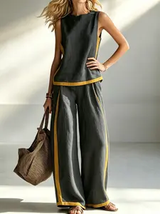 Boho Chic Patchwork 2-Piece Set, Sleeveless Tank Top & High Waist Flowy Wide Leg Pants, Summer Vacation Outfit.