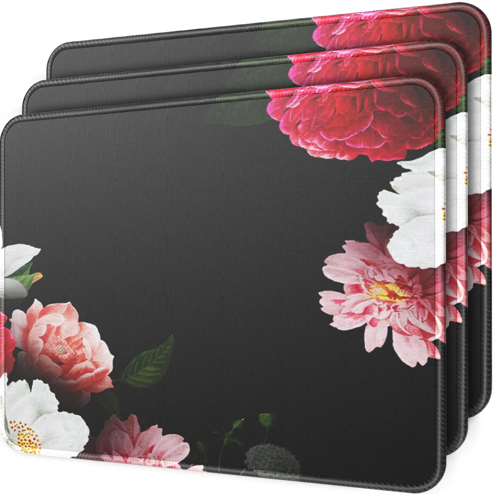 MROCO 3-Count Black Flower Gaming Mouse Pads, Letter Size 8.5x11in (30% Larger Surface), Anti-Fray Stitched Edges, Non-Slip Rubber Base, Waterproof, Stylish Pattern, for Gamers, All Mice, Office & Home Use Value Set Mechanical Optical