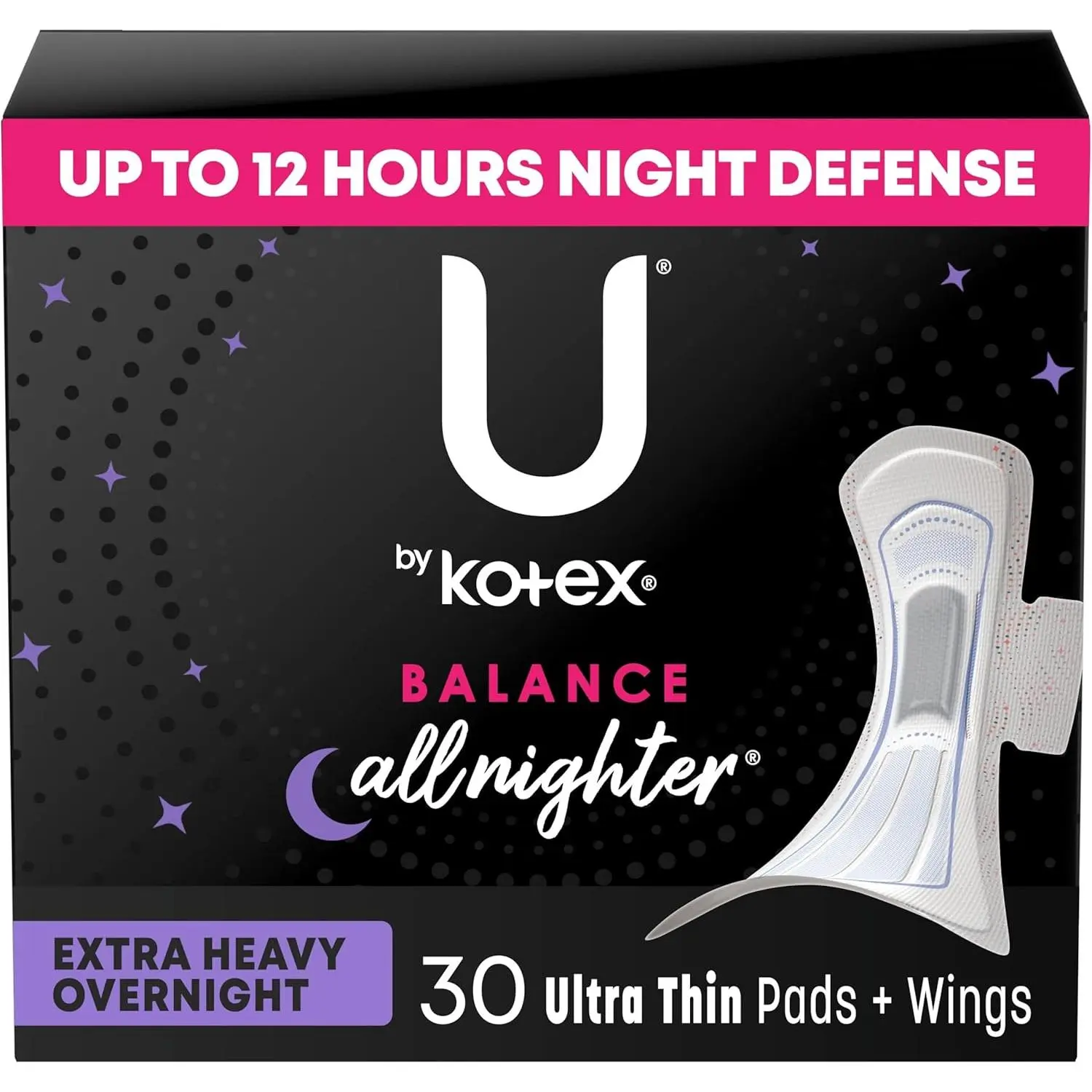 U by Kotex Balance Pads with Wings Ultra Thin Overnight Extra Heavy Absorbency 30 Count Up to 12 Hours Night Defense Biodegradable Bamboo Toilet Paper - Wipes, Pack