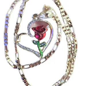 Necklaces 1 Corazon Red with Red Rose 1.5" Heart Pendant Gold Plated 50cm Chain Elegant Jewelry Accessory