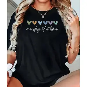 One Day at a Time Inspirational Cotton Tee with Heart Prints for Women