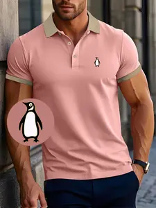 Men's Penguin Print Short Sleeve Golf Shirt, Business Casual Comfortable Tennis Training Top, Fitted Plain Style