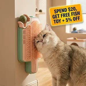 Cat Self Groomer Wall Brush with Catnip Ball or Feather Teaser, Cat Hair Remover Brush for Shedding, Wall Mounted Cat Scratch Brush, Interactive Cat Toy and Grooming Tool, Easy Install Pet Grooming Brush for Indoor Cats