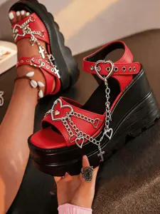 Grunge Punk Gothic Cross Chain Detail Thick Rubber Sole Platform Sandals, Sloped Heel Design for Summer Casual Wear, Perfect for Vacation and Festivals