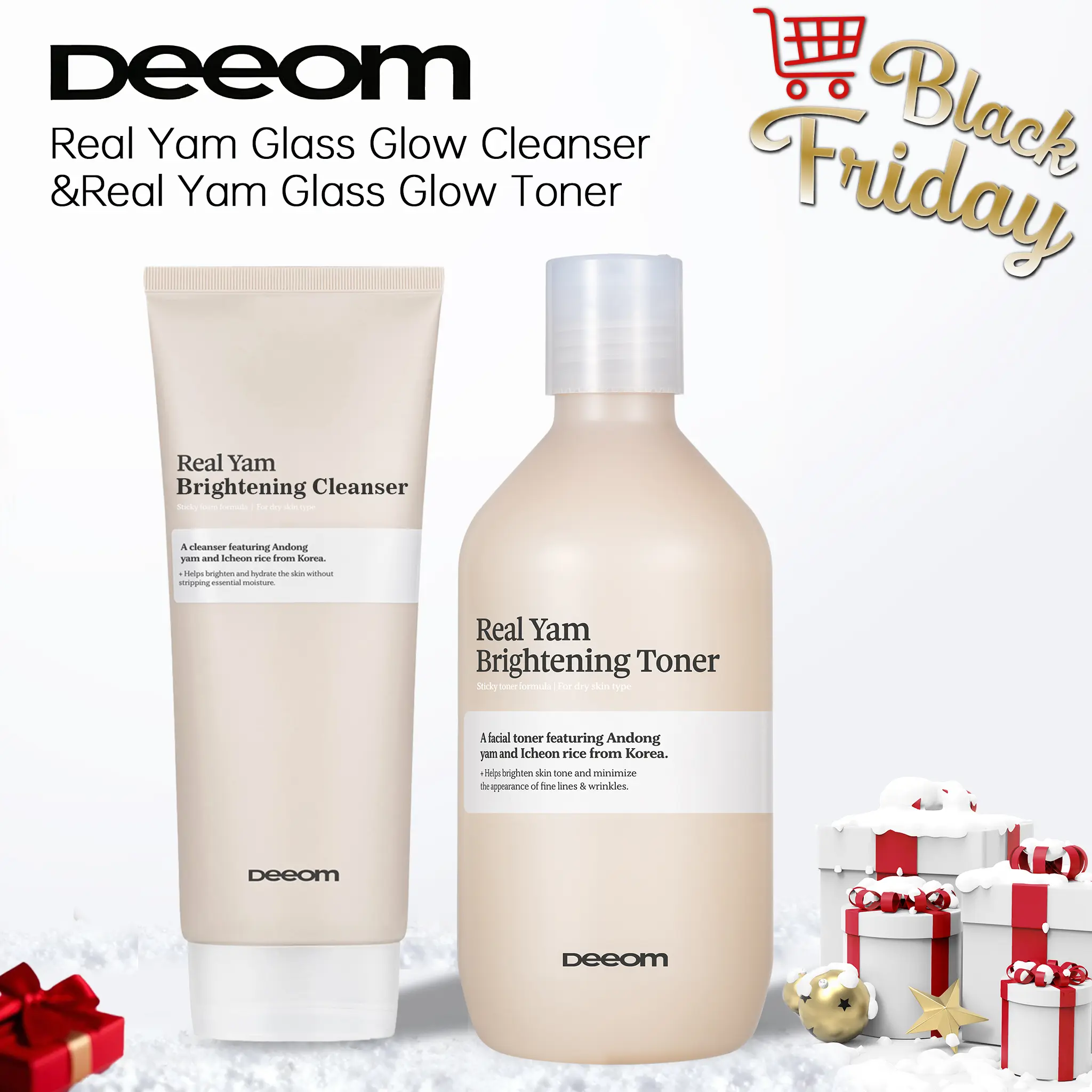 【Korean Brand Deeom】Black Friday & Christmas Promotion Real Yam Glass Glow Set (Cleanser + Toner) - Cleansing, Hydrating & Illuminating for Glass Skin