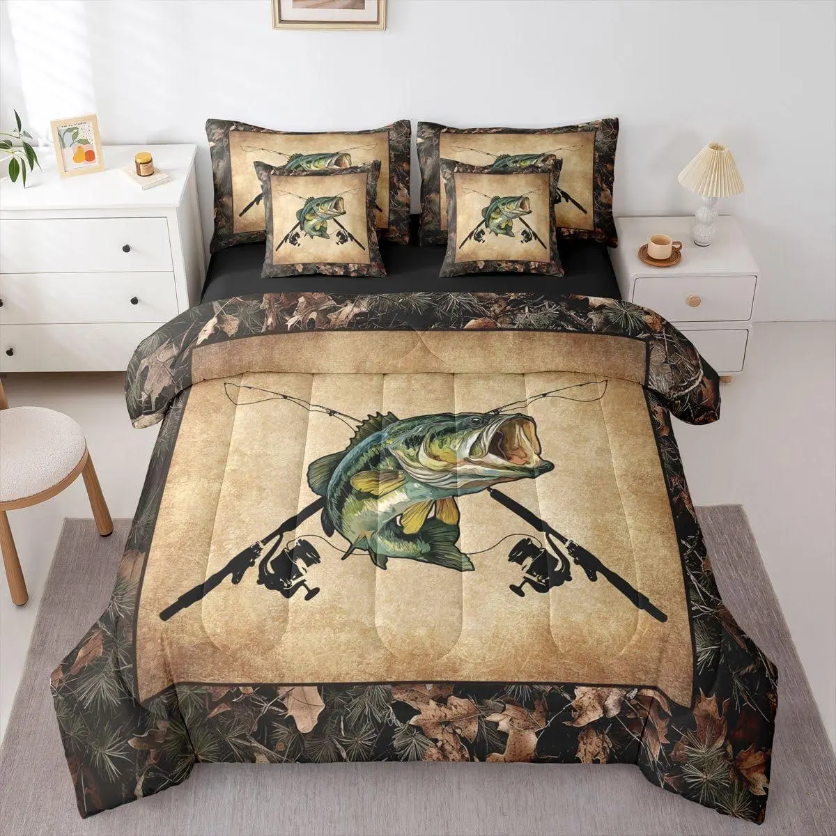 Camo Fishing Bed in A Bag 7 Piece Bass Fish Fishing Rod Comforter Set with Sheets Rustic Pike Fish Bedding Set,for Kids Adults,Fisherman Bed Set