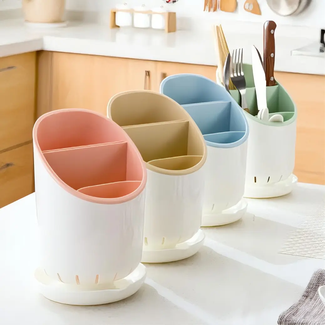 Rotating Kitchen Utensil and Cutlery Organizer with Divided Compartments Space Saving Vertical Design Removable Draining Base Easy to Clean in Pink Beige Blue and Green