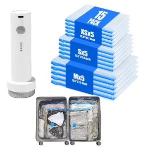 New Upgraded Cordless Travel Vacuum Storage Compression Bag Set with Rechargeable air Pump 15 Pack Waterproof & Reusable Compression Packing Bags for 3 Size USB Rechargeable Handheld Pump（Free manual air pump included） Portable Sealer