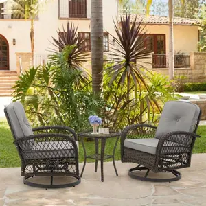 3-Piece Outdoor Patio Swivel Rocking Set - 360° Rotating Chairs with Cushions & Tempered Glass Table, Perfect for Backyard, Garden, and Poolside (Brown/Gray/Blue/Navy Blue/Wine Red)
