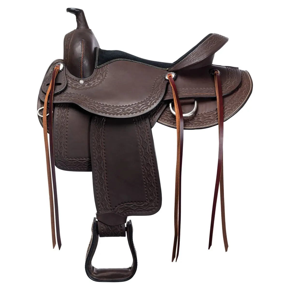 Double S Oiled Leather Trail Saddle, Hand-Tooled, Generously Padded, Lightweight, with Stainless Steel Rings and Blevins Buckles, Maintenance-Free Design, Saddle Bag Compatible, Trail Riding, Fiberglass Tree, Padded Seat