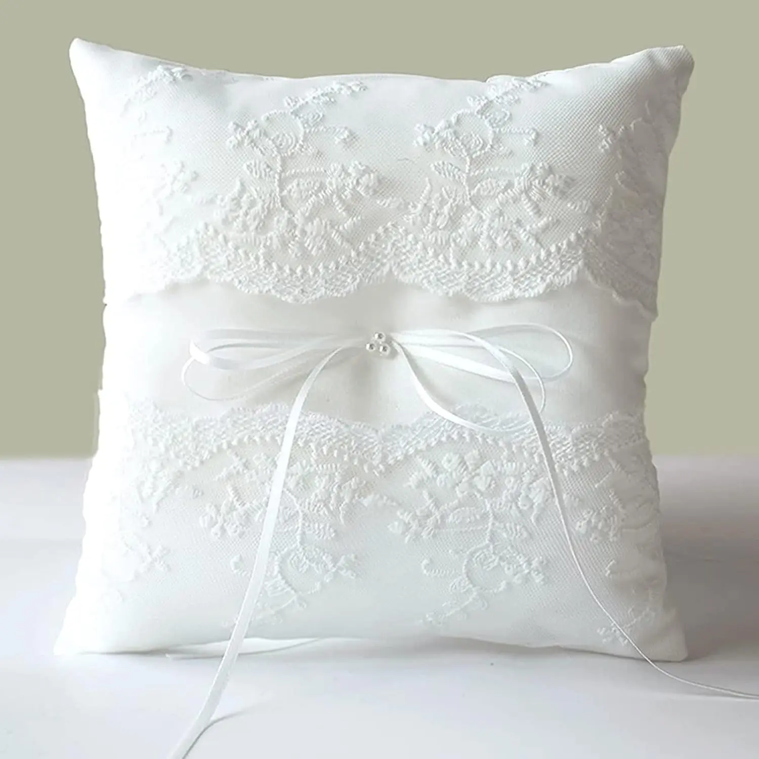 Classic Ivory Lace Trim Pearl Wedding Pillow with Ribbon Belt - 7.8"x7.8" Elegant Ring Holder, Beautiful Accompaniment for Rings, Textile Accessory for Ceremony Use