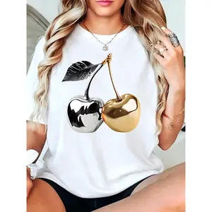 Women's Short Sleeve Round Neck T-Shirts, Cherry Print Design, Casual Comfortable, Breathable, Spring Summer Fall Fashion,Men's T-shirt, Women's T-shirt
