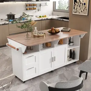 FUFU&GAGA Kitchen Island with Storage, Rolling Kitchen Island on Wheels with Drop-Leaf Bar Countertop, Island Table for Kitchen with Side Open Spice Rack and Tower Rack, Extra Storage for Kitchen