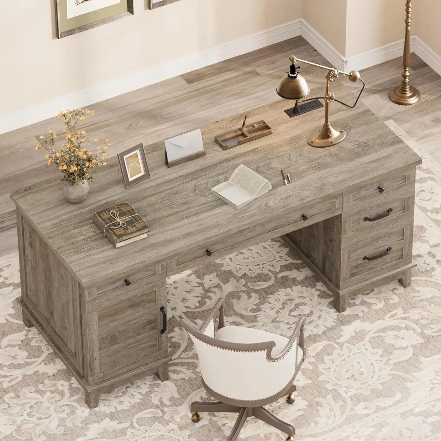 Garvee 60-in Heavy Duty Traditional Executive Desk - Commercial Office Furniture with Charging Station, File Cabinet, Power Outlets, USB Charger, Ample Storage Drawers, 400 lbs Capacity, Assembly Required (Ideal for WFH, Executive Writing Workspaces), Off