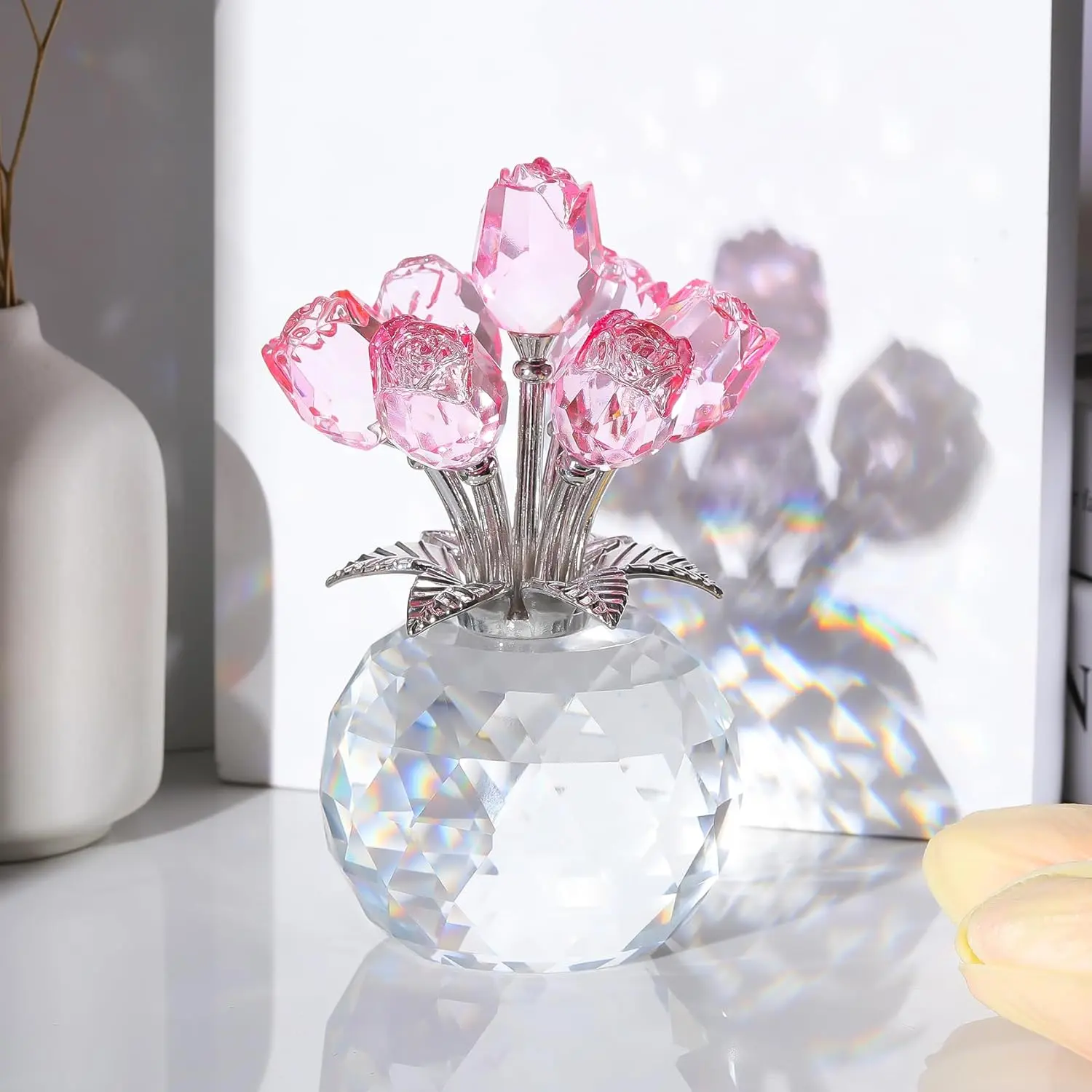 Crystal Drop Artificial Flower Bouquet, Decorative Pink Sparkling Forever Roses in Glass Vase with Gift Box, Home Decor Bouquets Floral Decoration, Romantic Desk Display Gift for Women, Birthday Anniversary Valentine's Day Centerpiece