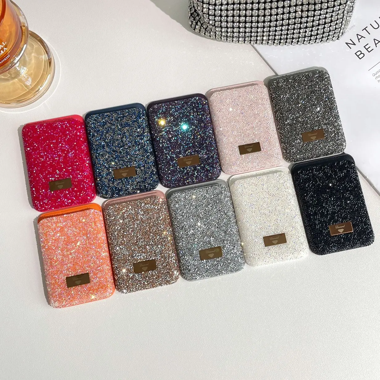 1pc Diamond Card Holder inlaid with crystals sparkling, suitable for iPhone/Samsung mobile phone card holder with magnetic storage/women's card holder