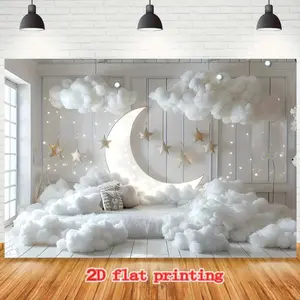 1-Piece 2D Flat Wall Hanging Backdrop, White Polyester Banner with Moon, Star & Cloud Prints, Birthday Cake Smash Photo Prop, Dreamy Indoor Home & Festive Party Decoration Supply, One-Piece