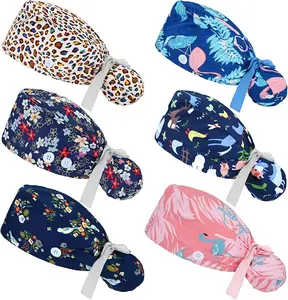 6 Pcs Scrub Caps for Women with Buttons, Adjustable Bouffant Surgical Caps with Ponytail Holder, Cotton Nurse Hats