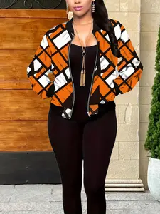 Women's Geometric Print Zip Up Pocket Bomber Jacket, Casual Long Sleeve Mock Neck Windproof Outerwear for Fall & Winter, Ladies Clothes for Daily Wear