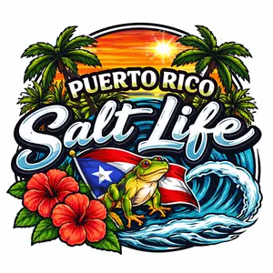 Salt Life 3''1/2 Puerto Rico Laminated Sticker with Palm Trees & Hibiscus Design for Outdoor Durability and Charm