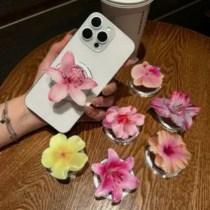 Trendy Large Flower Orchid Acrylic Resin Phone Holder Popular Socket Folding Grip for Stylish Phone Stand