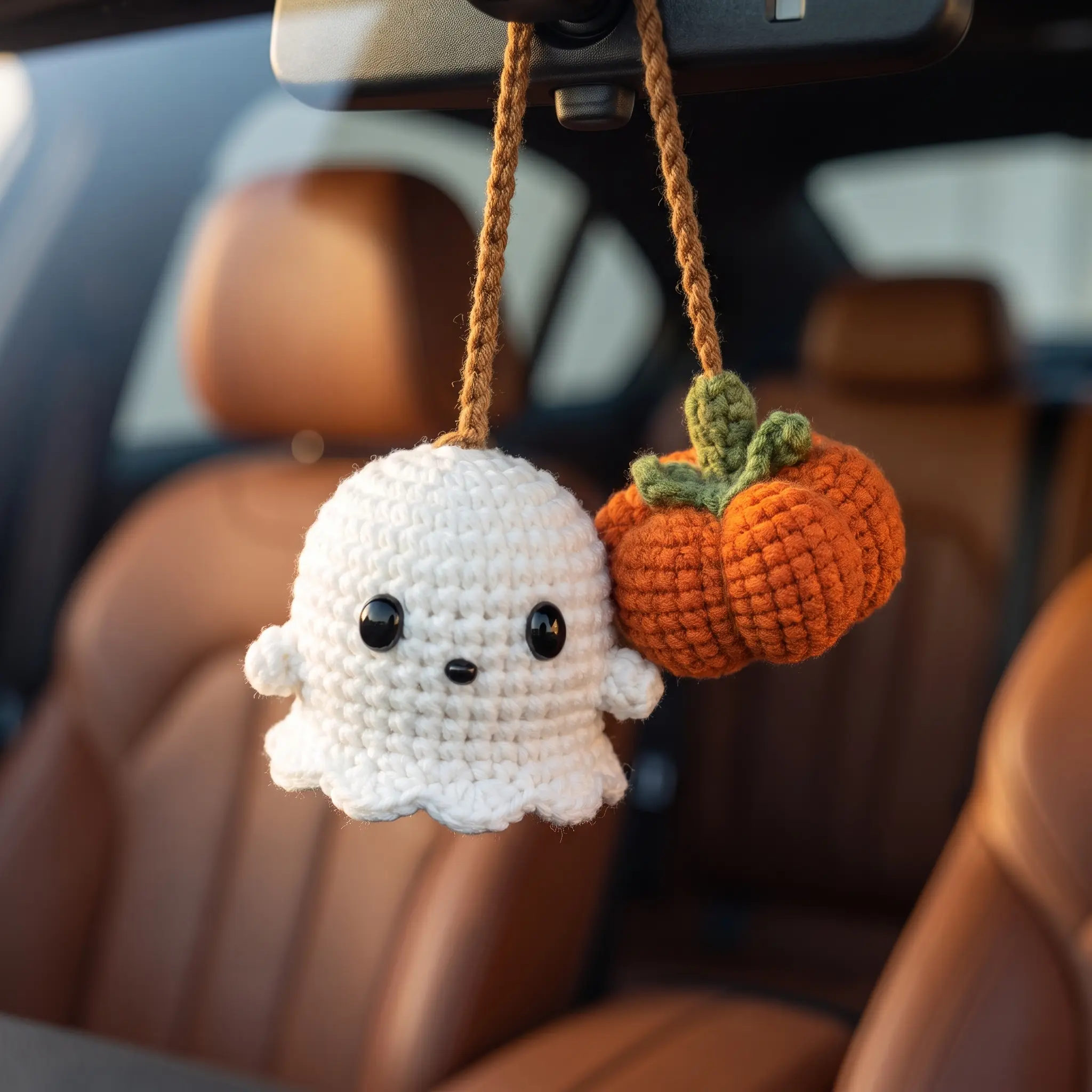 Handmade Crochet Ghost & Pumpkin Rearview Mirror Hanging Ornament, Soft Milk Cotton with Safety Eyes, Lightweight & Noiseless, Adjustable Brown Braided Hanger for Car Interior Halloween Decor