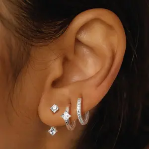 FUNRUN 3 Pairs Sterling Silver Earrings | CZ Huggie Hoops & Studs | Hypoallergenic for Sensitive Ears