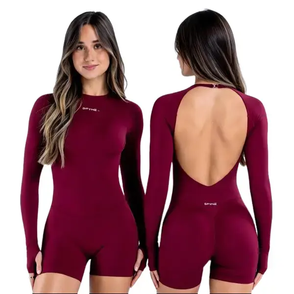 (With Logo) DFYNE Backless Long Sleeve YogaBodysuit,PilatesTok , GymFit , OpenBackBodysuit ,SeamlessActivewear, WorkoutRomper, YogaOnesie,FitnessOutfit,SculptWear
