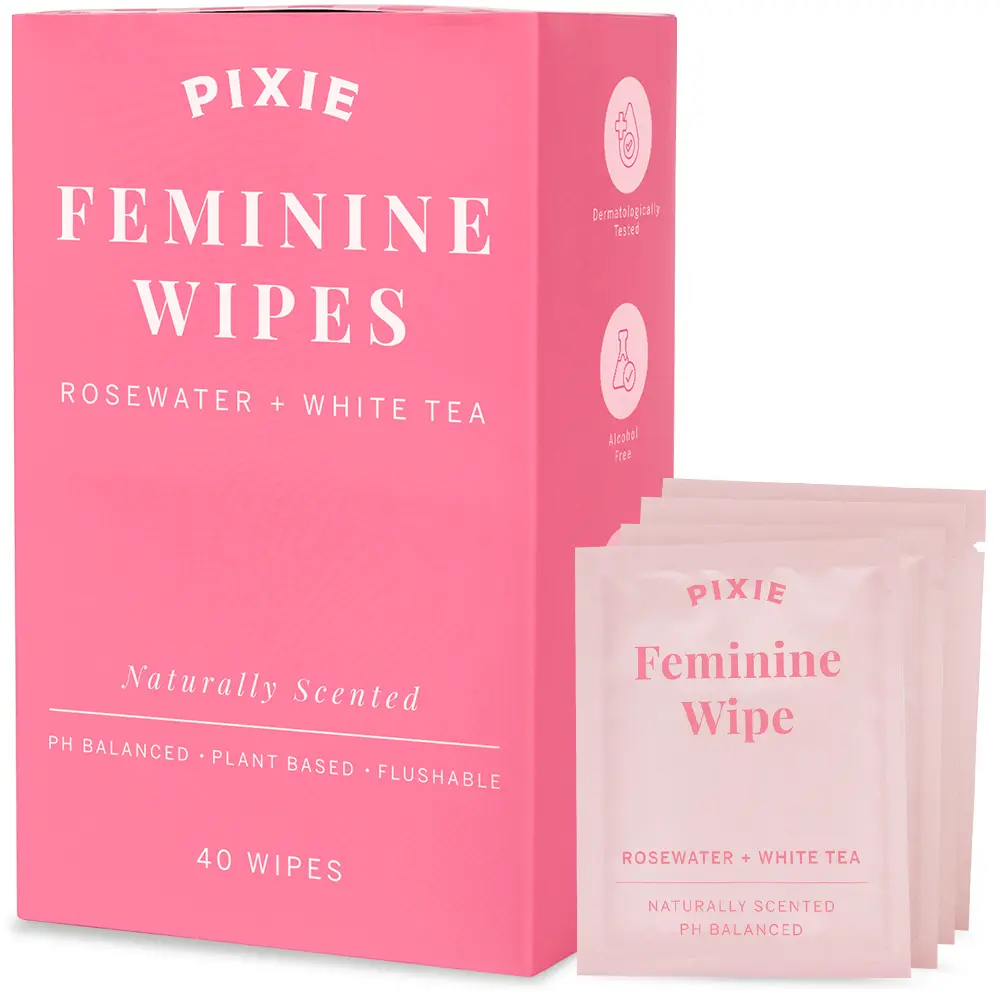 Pixie Feminine Wipes – Naturally Scented Rosewater + White Tea – Flushable, Biodegradable & pH Balanced – Individually Wrapped Wipes for On-The-Go – Cleaner for Menstrual Cups & Discs (2 Packs of 20)