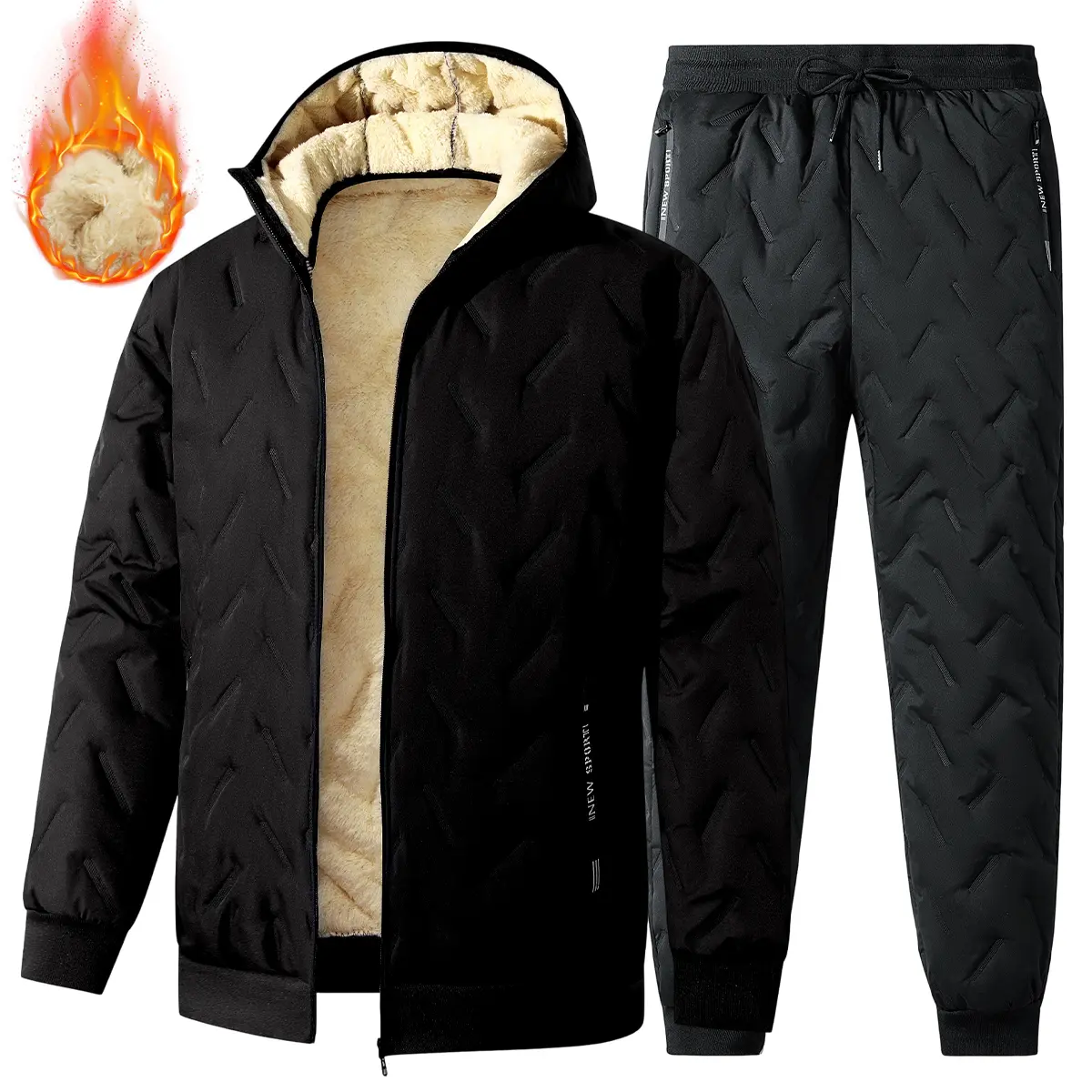 Mens Long Sleeve Casual Clothes Set, Thick-Lined Hooded 100% Polyester Sherpa Lined Thermal Menswear, Insulated Cold Weather Protection for Winter Trips & Daily Outdoor Walks, Great Christmas Gift