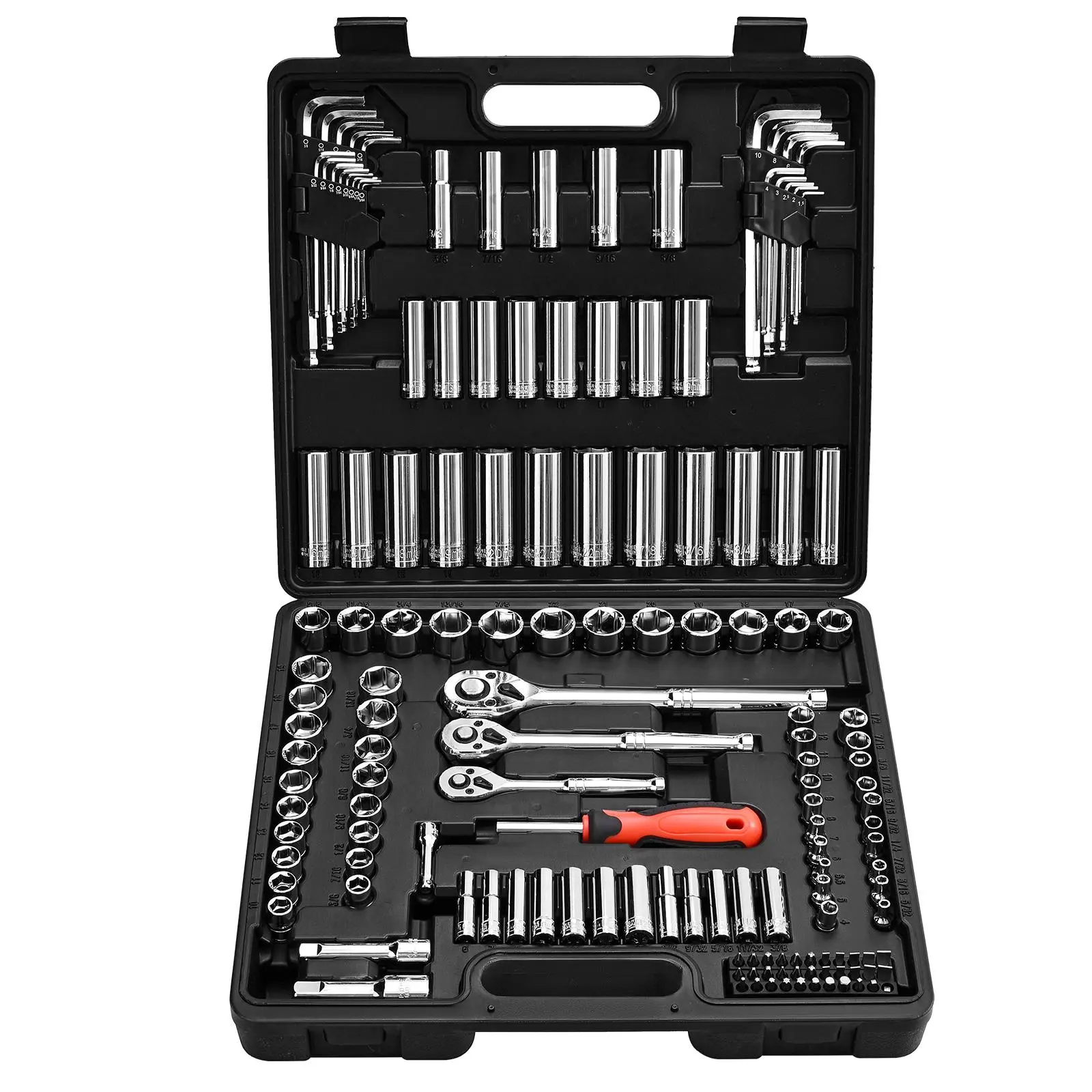VEVOR 149-Piece Mechanical Tool Set - CR-V Steel Chrome-Plated Socket Wrench Kit with 3/8, 1/4, 1/2 in Drives, SAE & Metric Deep/Shallow Sockets, Ratchet, Bits, Easy-to-Read Sizes, High Torque Storage Case for Plumbing, DIY Repairs, Bike Assembly