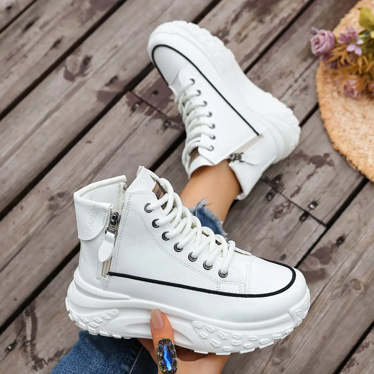 Women's Casual High-Top Walking Shoes - Spring & Autumn New Arrivals, Round Toe, Thick Sole for Height Boost, Soft Sole, Closed Footwear, Sporty Street Edge Trainer, White, Classic, High-Top Cut Adds Sporty Street Edge