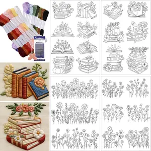 Pre-Printed Embroidery Pattern Paper, Self-Adhesive Water Soluble Stabilizer Kit with Book & Floral Botanical Designs, Complete with Embroidery Floss, Embroidery Thread & Needles for Beginners DIY Handmade Craft Supplies