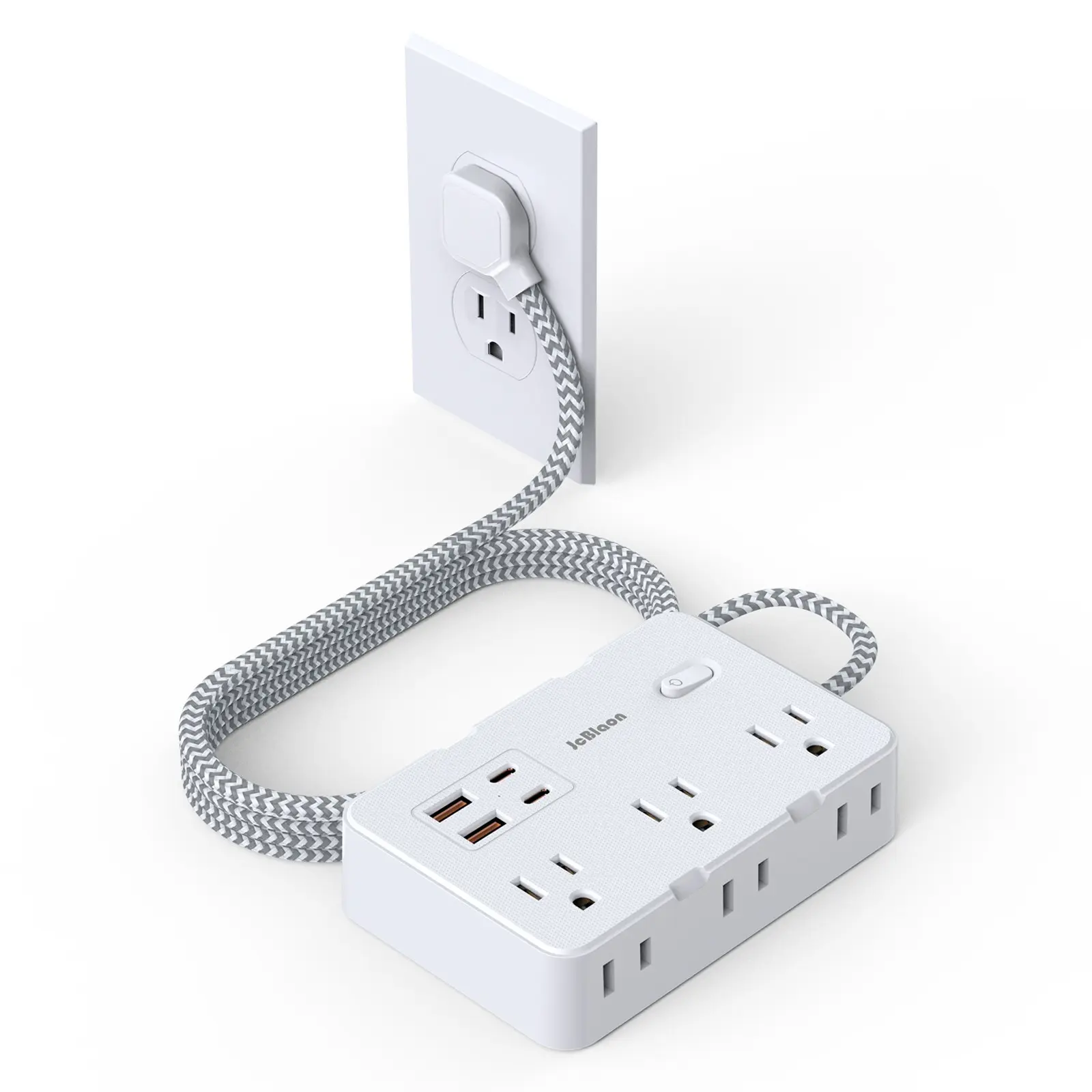Flat Plug Surge Protector Multifunctional Power Strip, Power Socket Expander, Wall Socket Extender, Multiple Sockets, 5ft Braided Flat Extension Cord with 6 Widely Outlets, 4 USB (2 USB-C),Wall Mount for Office Travel Dorm and More