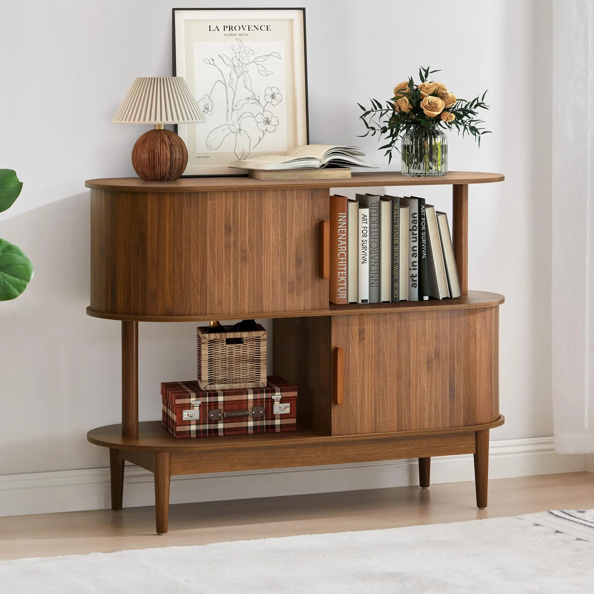 Giratree 42.5'' Buffet Cabinet with 2 Open Storage, Oval Sideboard Cabinet with Sliding Doors Modern Accent Coffee Bar Wood Kitchen Storage Cabinets for Kitchen, Living Room, Hallway