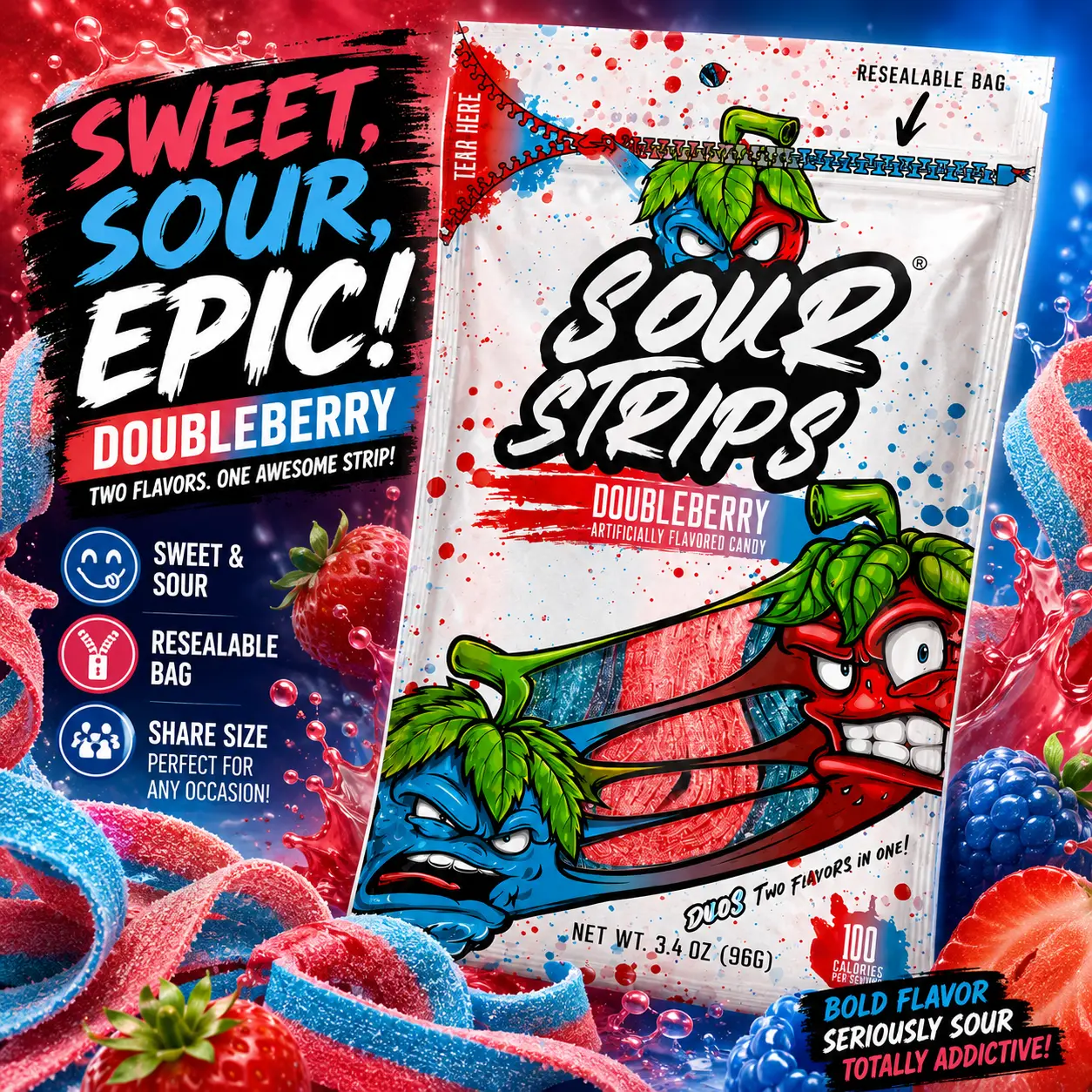 Sour Strips Doubleberry Sour Candy Belts 3.4 oz 12 Count  Sweet & Sour Chewy Candy Strips | Resealable Peg Bags for Snacking & Sharing